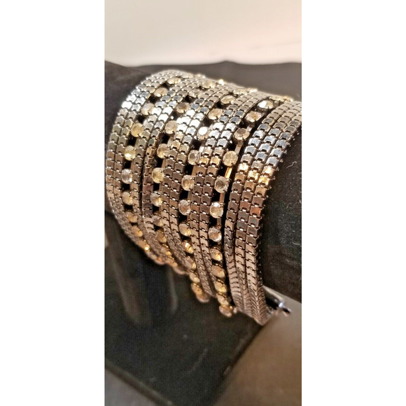 Chunky Bling Clear Rhinestone & Silvertone Magnetic Bracelet Party Time - Picture 1 of 9